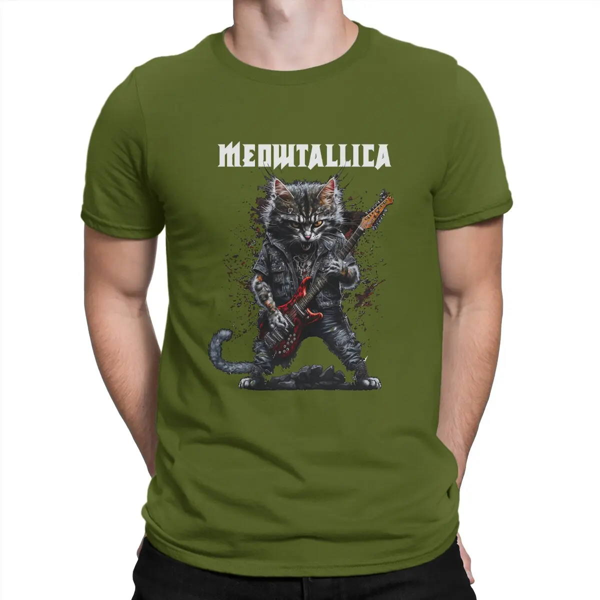Camiseta Meowtallica para hombre, diseño de gato mental pesado, de algodón, creativa, cuello redondo, manga corta