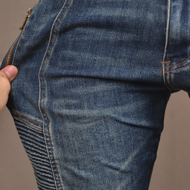 Autumn Blue Slim Fit Straight Jeans Men Korean Style Fashion Zipper Patchwork Denim Pants