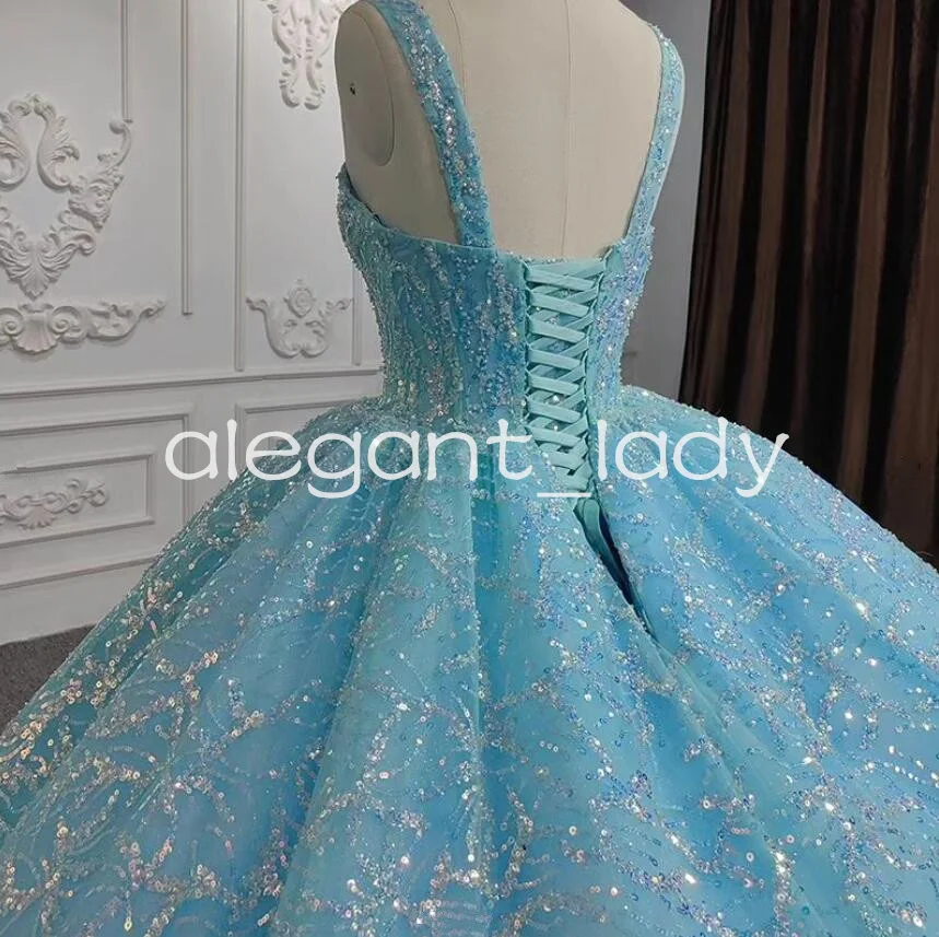 Himmelblaue Prinzessin Glitter Quince anera Kleider Schatz funkelnde Pailletten Applikation Korsett geschwollen süß 15 Vestidos de Gala