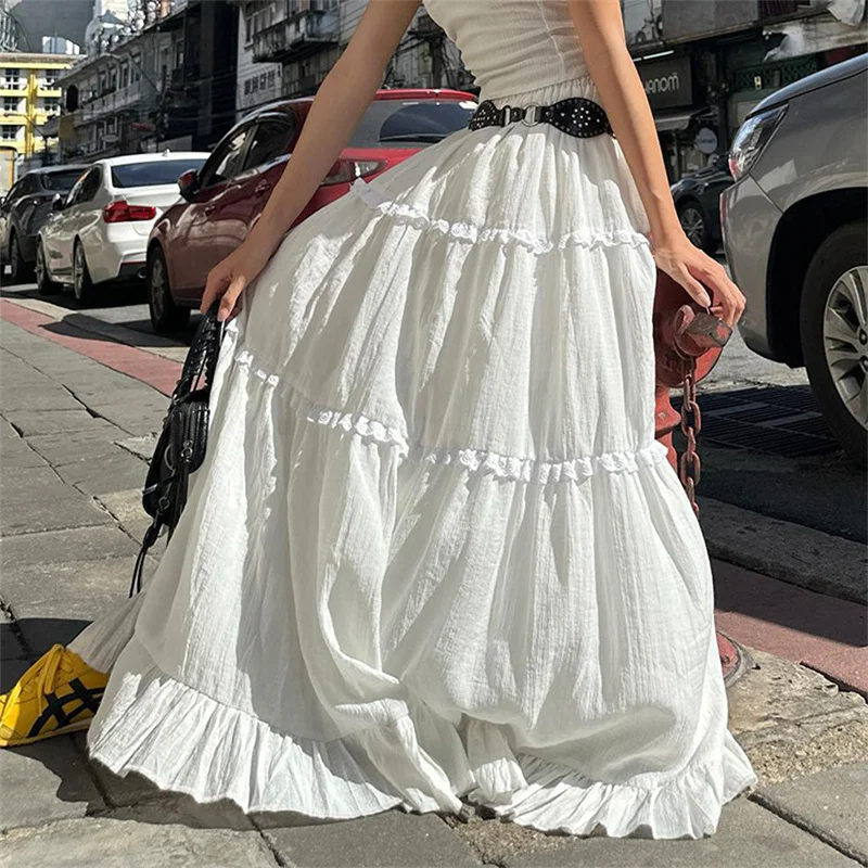 

Y2k White Tiered Maxi Skirt Elastic Waist Ruffle Flowy Long Skirt Women Boho Summer Vacation Fairycore Outfit Streetwear