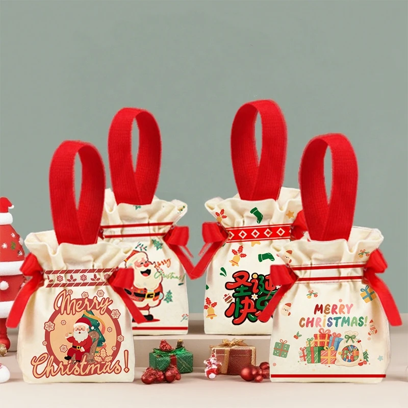 Christmas Canvas Bag Xmas Gift Bag 15x16cm Drawstring Pouch Xmas Candy Bag Jewelry Packaging Bag Christmas Eve Party Apple Bag