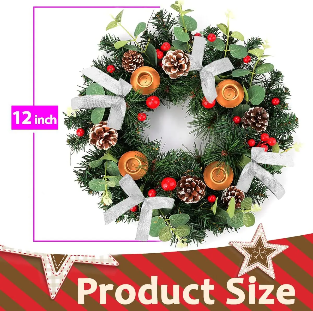 Ribbon Christmas Wreath Window Door Hanging Christmas Candle Holder Garland Candle Cup Christmas Rattan Decoration