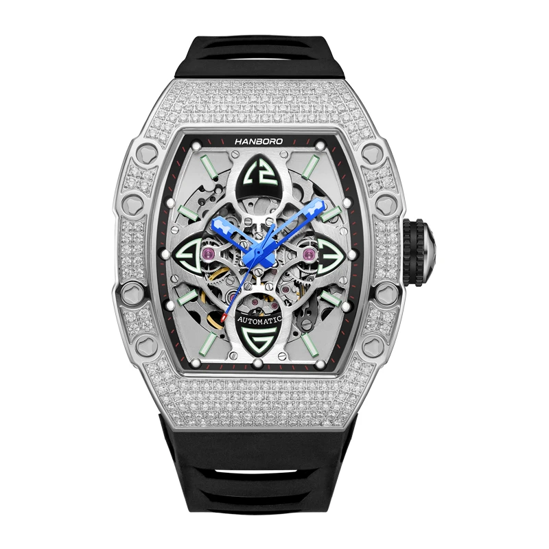 

HANBORO Men Automatic Watch 50mm Luxury Mechanical Wristwatch Luminous Skeleton Tonneau Case 50m Waterproof Crystal Bezel