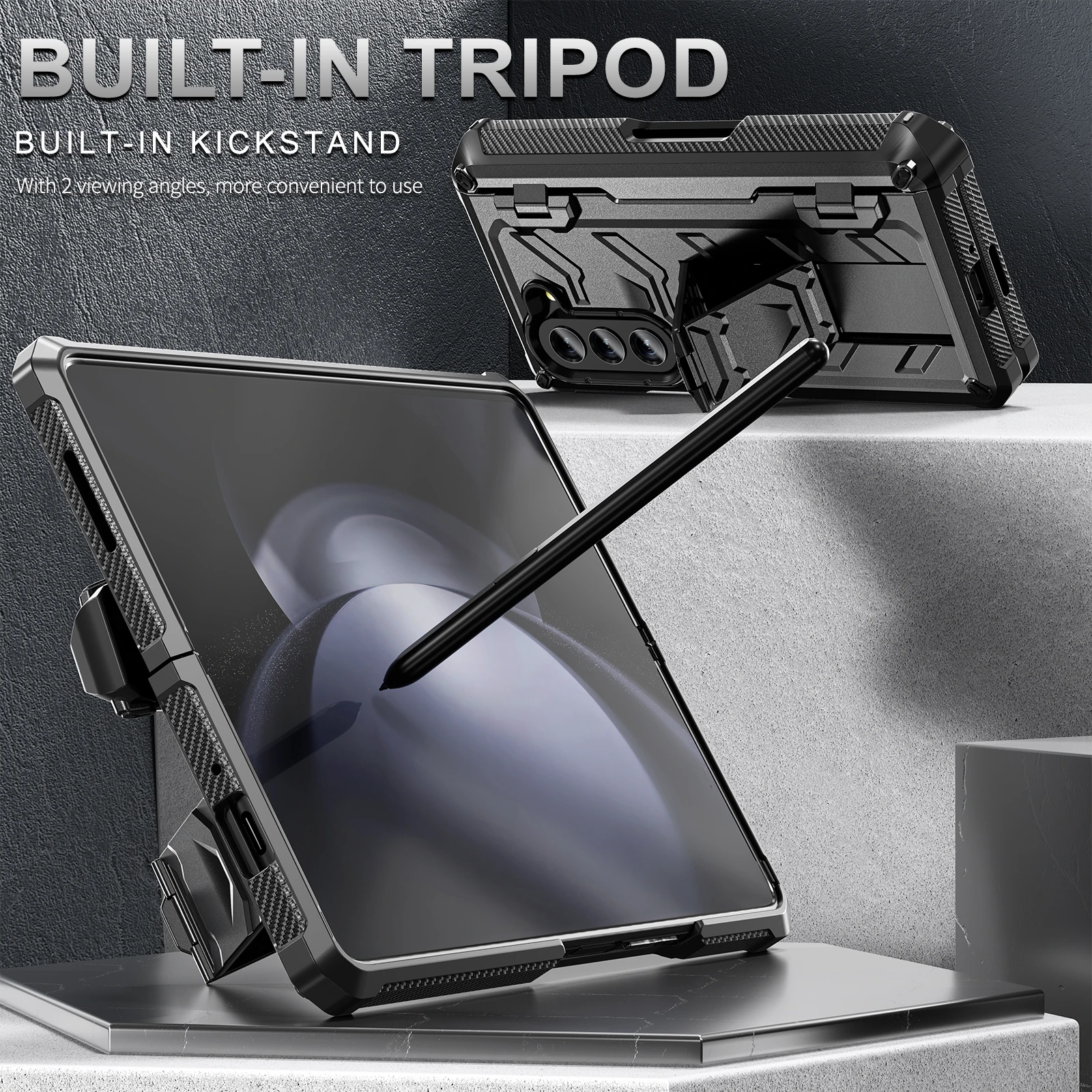 For Samsung Galaxy Z Fold 5 4 3 Case Shockproof Armor Foldable Hinge Pen Holder With Tempered Film Bracket Heavy Duty Hard Cover