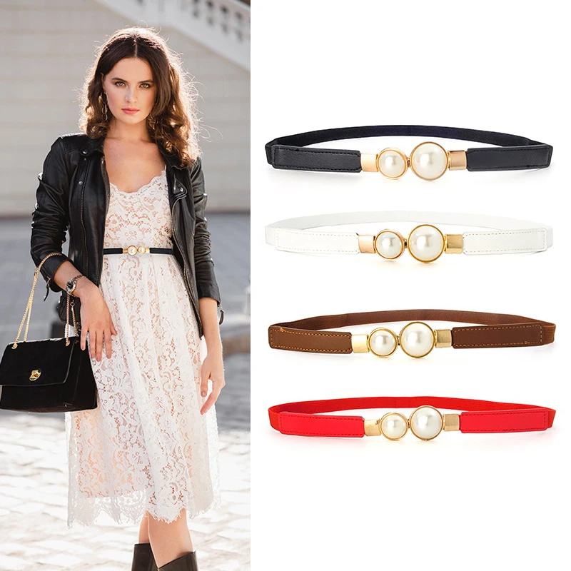 

New Fashion Pearl Belt Europe Retro Fashion Pearl Buckle Thin Waistband Women's Dress With Elastic Band Hook Wearing Narrow