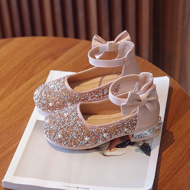 

Fashion Big Girls Bow Princess Shoes Children Square Heels Shoes Kids Ankle Strap Pearl Sequins Lolita Dress Party Shoes 6-12Y