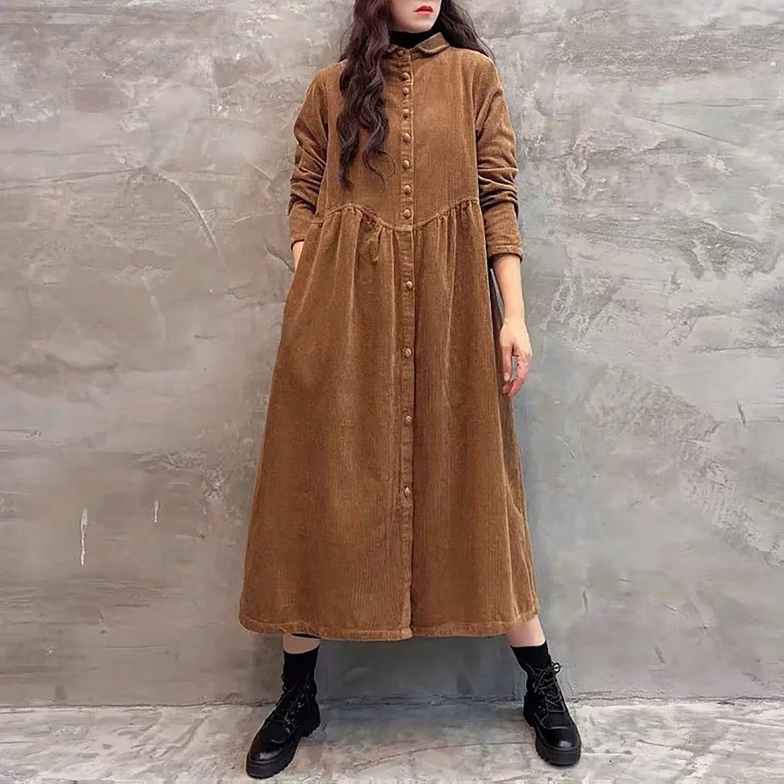

Ladies Winter Women Trench Fleece Long-Sleeved Loose Corduroy Solid Color Vintage Fashion Casual Women Long Warm Coat