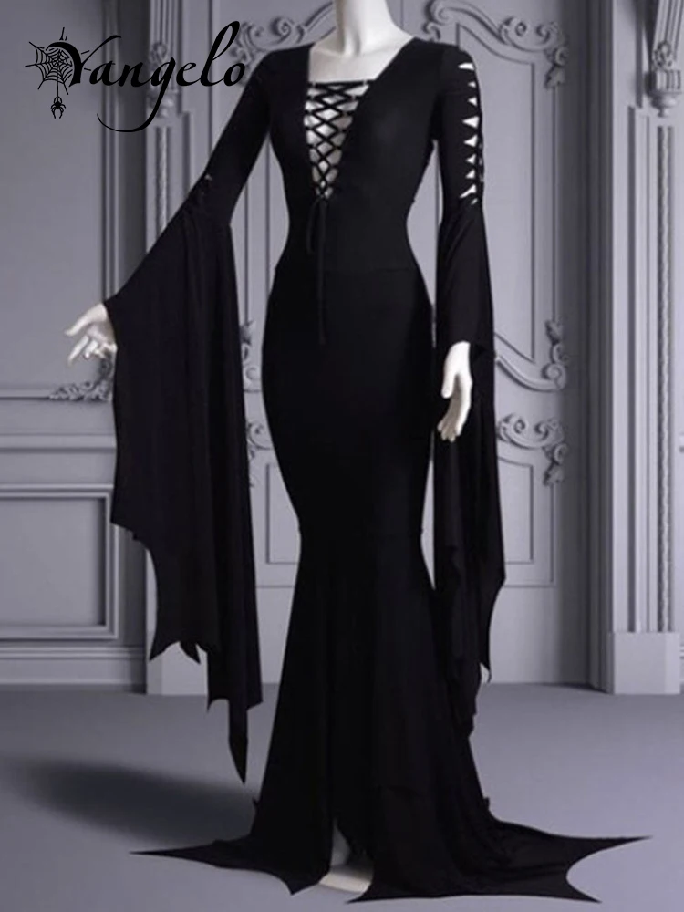 

Yangelo Elegant Morticia Addams Cosplay Floor Dress Costume Women Punk Gothic Witch Vintage Sexy Lace Up Slim Gown Halloween