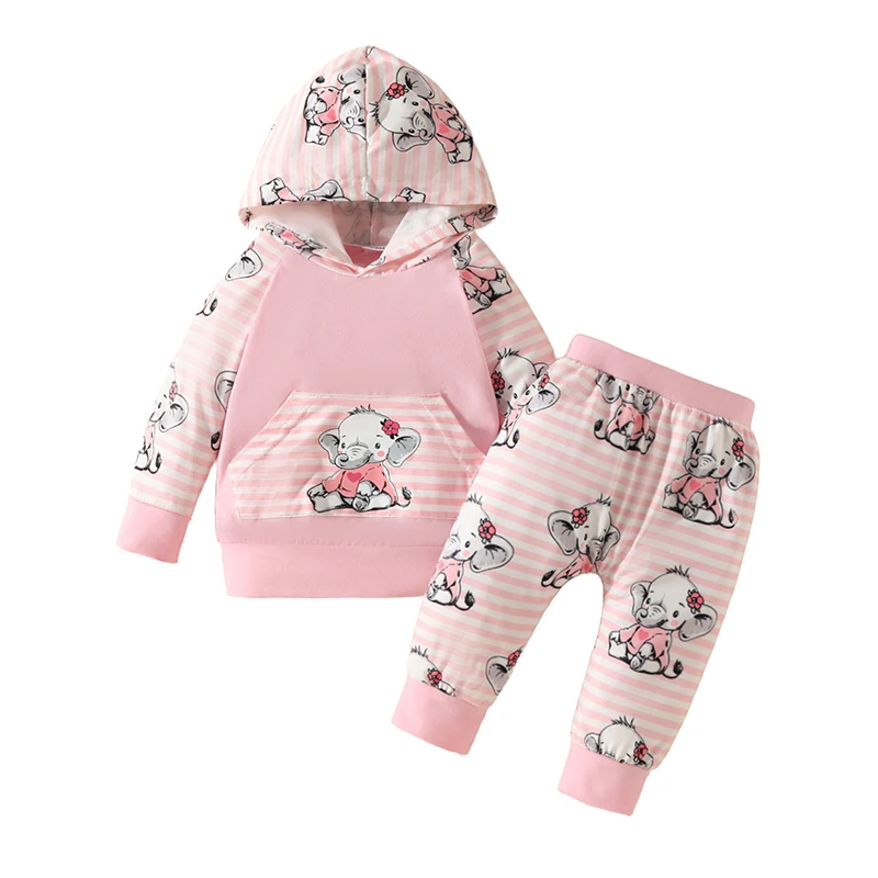 3-24 Months Baby Girl Clothes Outfits Long sleeve Pinstripe Elephants Prints Hoodie Tops with Pants Toddler Infant Girl 2Pcs Set