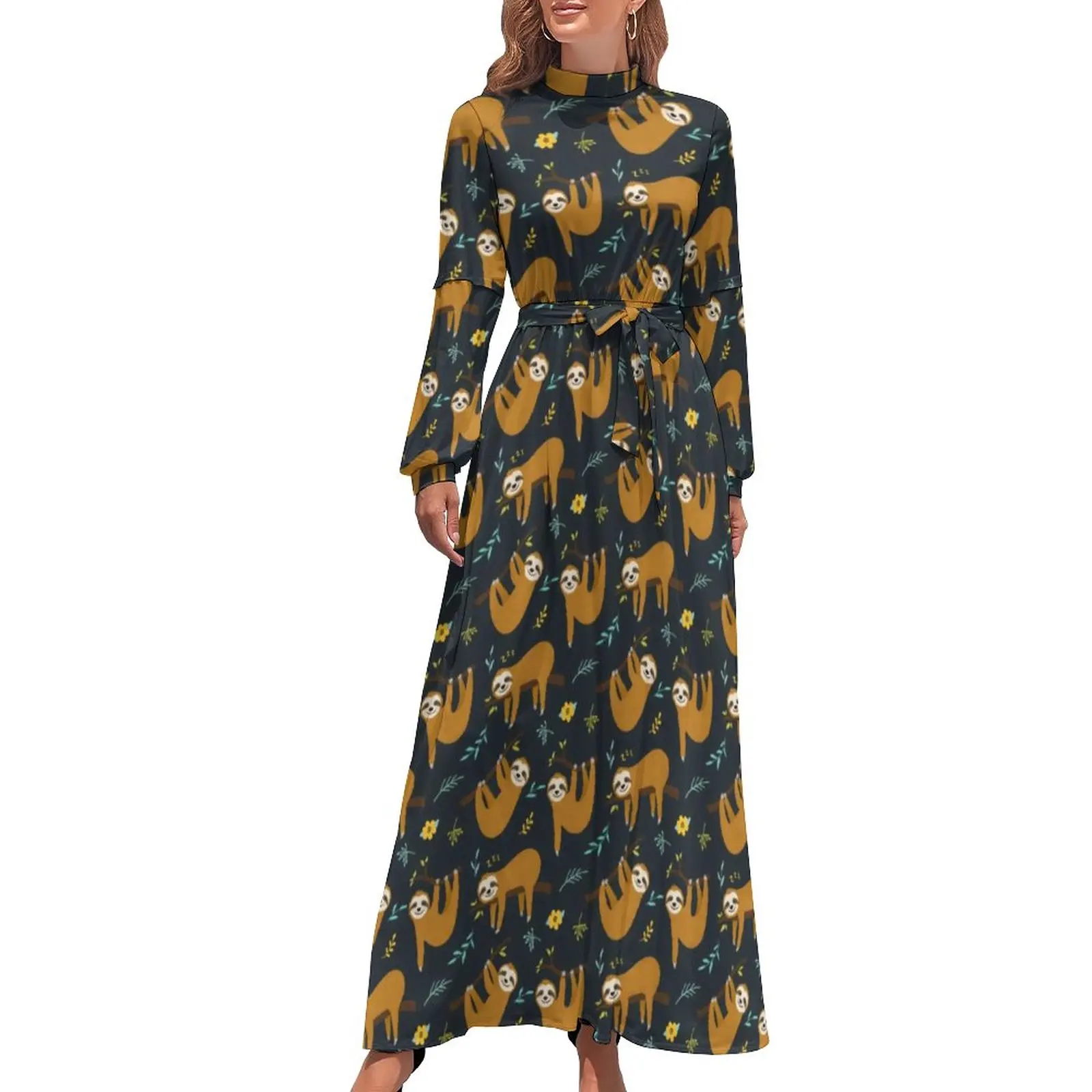 

Animal Print Dress Adorable Sloths Kawaii Maxi Dress Stylish Bohemia Long Dresses High Neck Custom Clothing