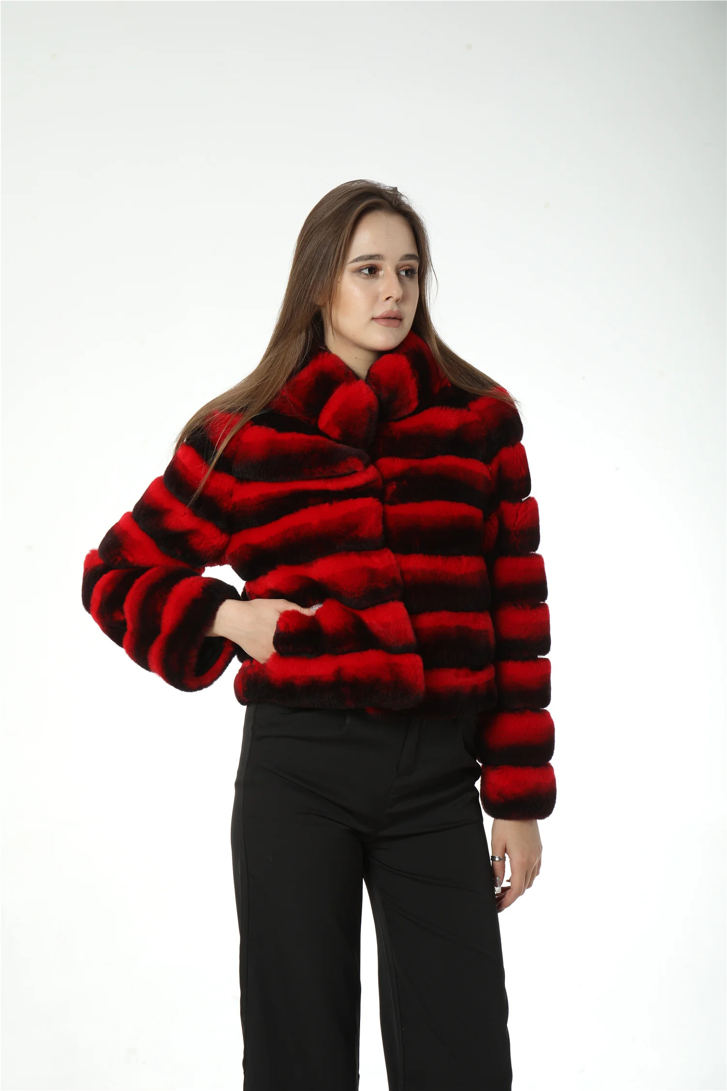 Real Rex Rabbit Fur Coat With Stand Collar Chinchilla 220604 Red Color Stripe Luxury 2023 Short Crop Outerwear