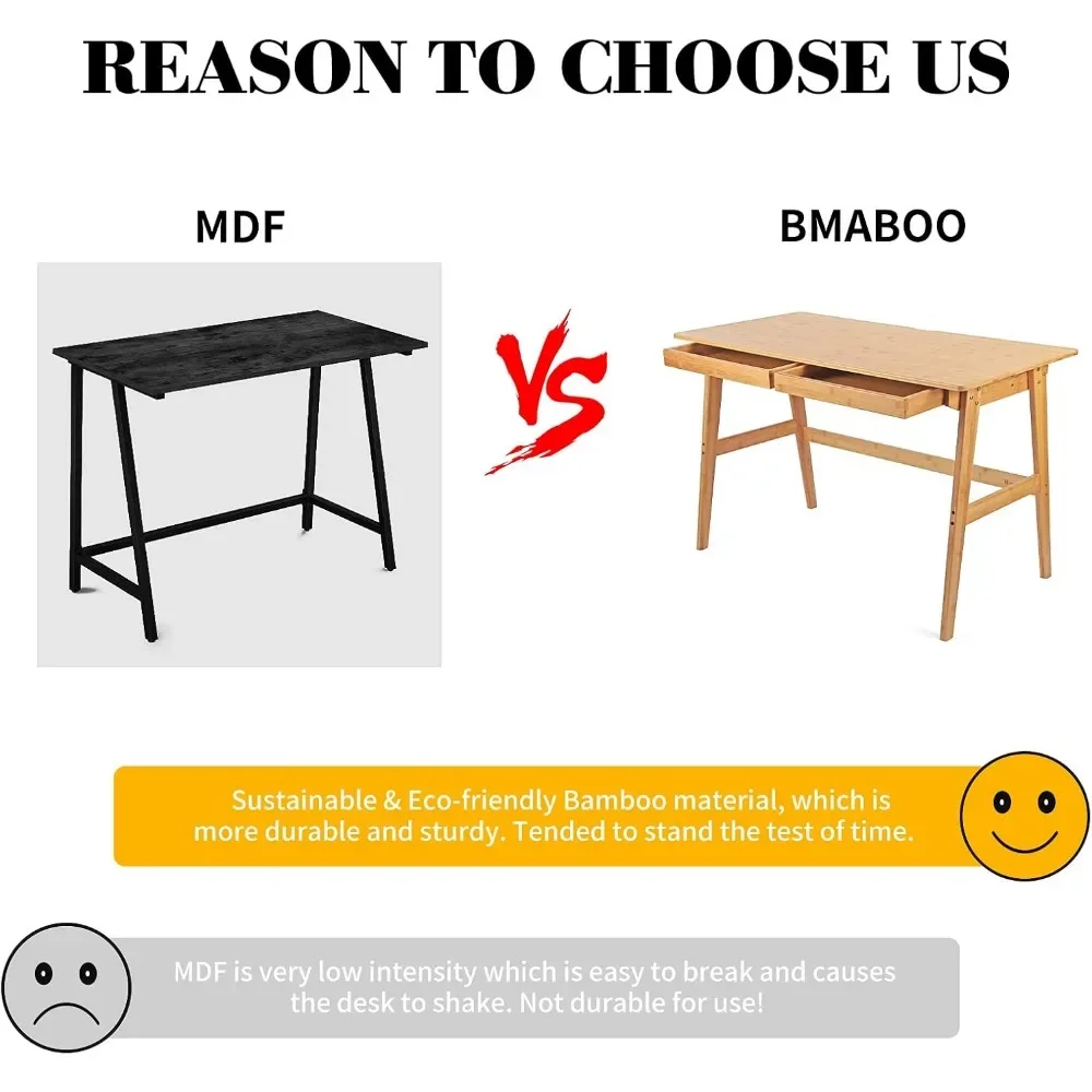 New2025-Writing Computer Desk 46" Bamboo Home Office Table with 2 Drawers, Modern Furniture Simple Study Makeup Workstation