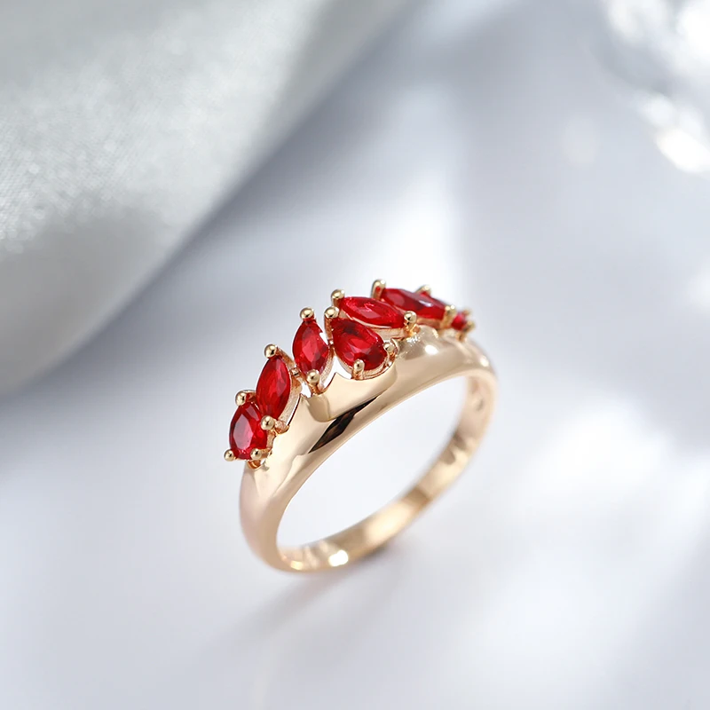 Kinel New 585 Rose Gold Ring For Women Unusual Red Natural Zircon Ethnic Bride Ring Vintage Wedding Jewelry Accessories