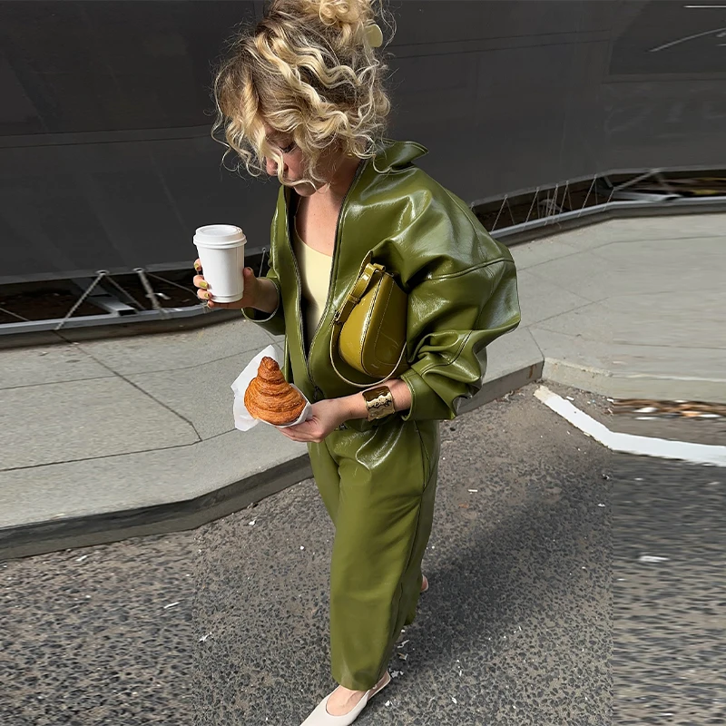 Street Zipper Leather Jackets Skirts Sets Women Loose Stand Collar Full Sleeve Coat Straight Skirt 2025 Autumn Winter Lady Suit Se4f1f3a6e4d046a1a59ed0edc23622dey