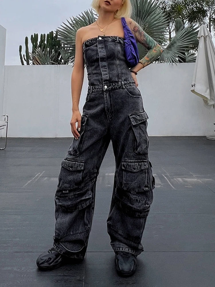 CHICEVER Streetwear Vintage Denim Jumpsuits For Women Strapless Sleeveless High Waist Patchwork Pockets Cargo Jumpsuit Female