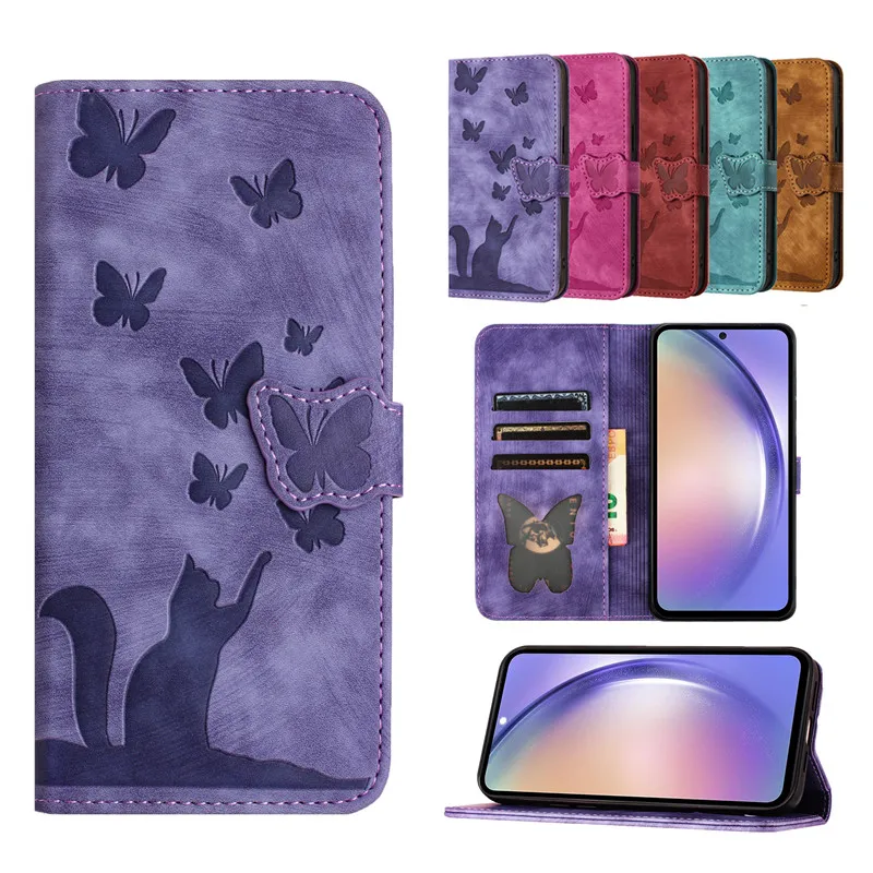 Custodia A Portafoglio Retrò Butterfly Cat Flip Per Samsung Galaxy S23 Ultra S23 Fe S22 S21 Fe S20S10 S9 S8 + Custodia Per Telefono Con Slot Per Sched