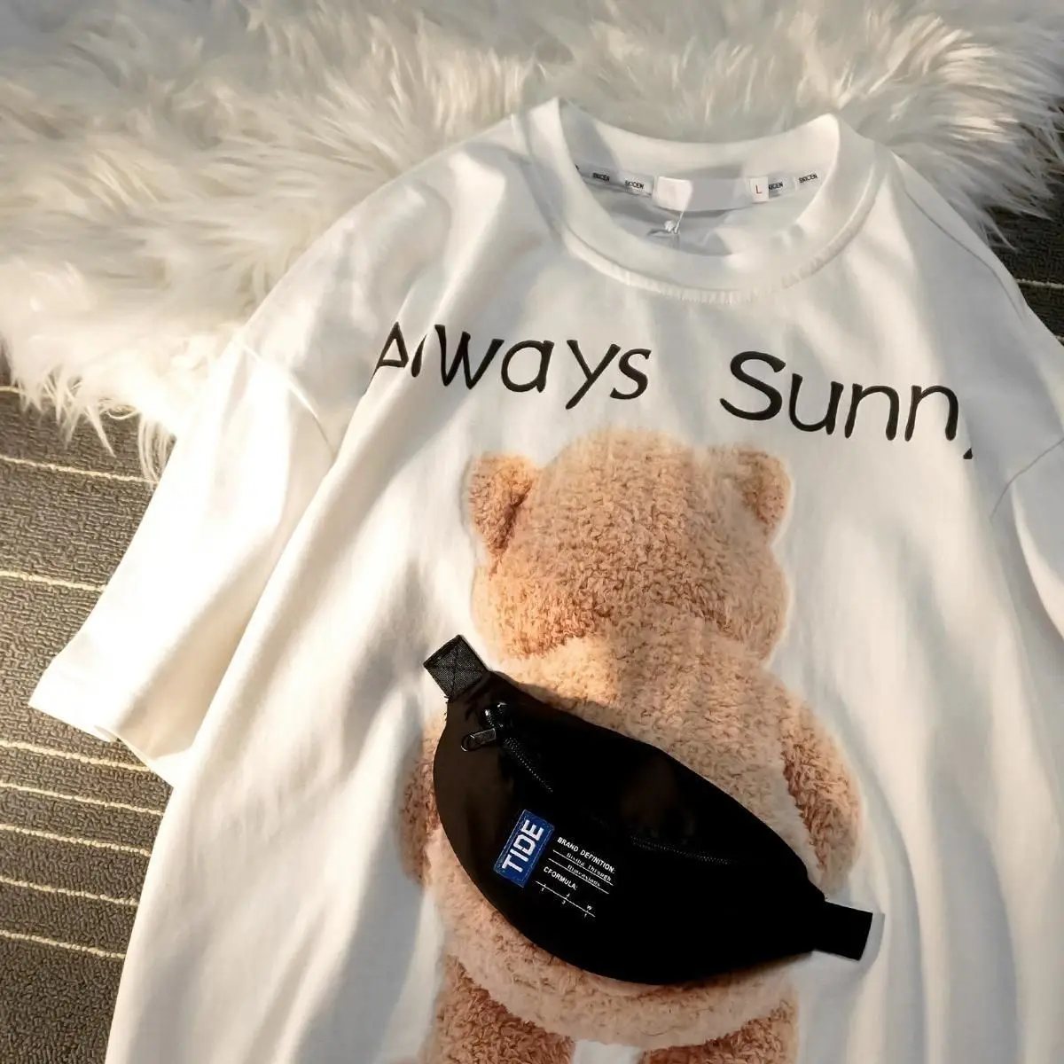 

ins trendy brand shoulder bag pocket print short-sleeved couple T-shirt woman zipper bag large size tshirt cotton women clothing