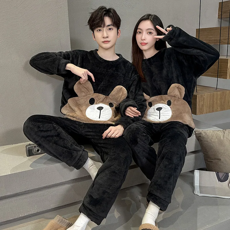 Couple Pajamas Set Winter Flannel Pyjamas Women Home Wear Nightwear 2Pcs Men's Sleepwear Cartoon Cat Pijamas Warm Clothes Suit