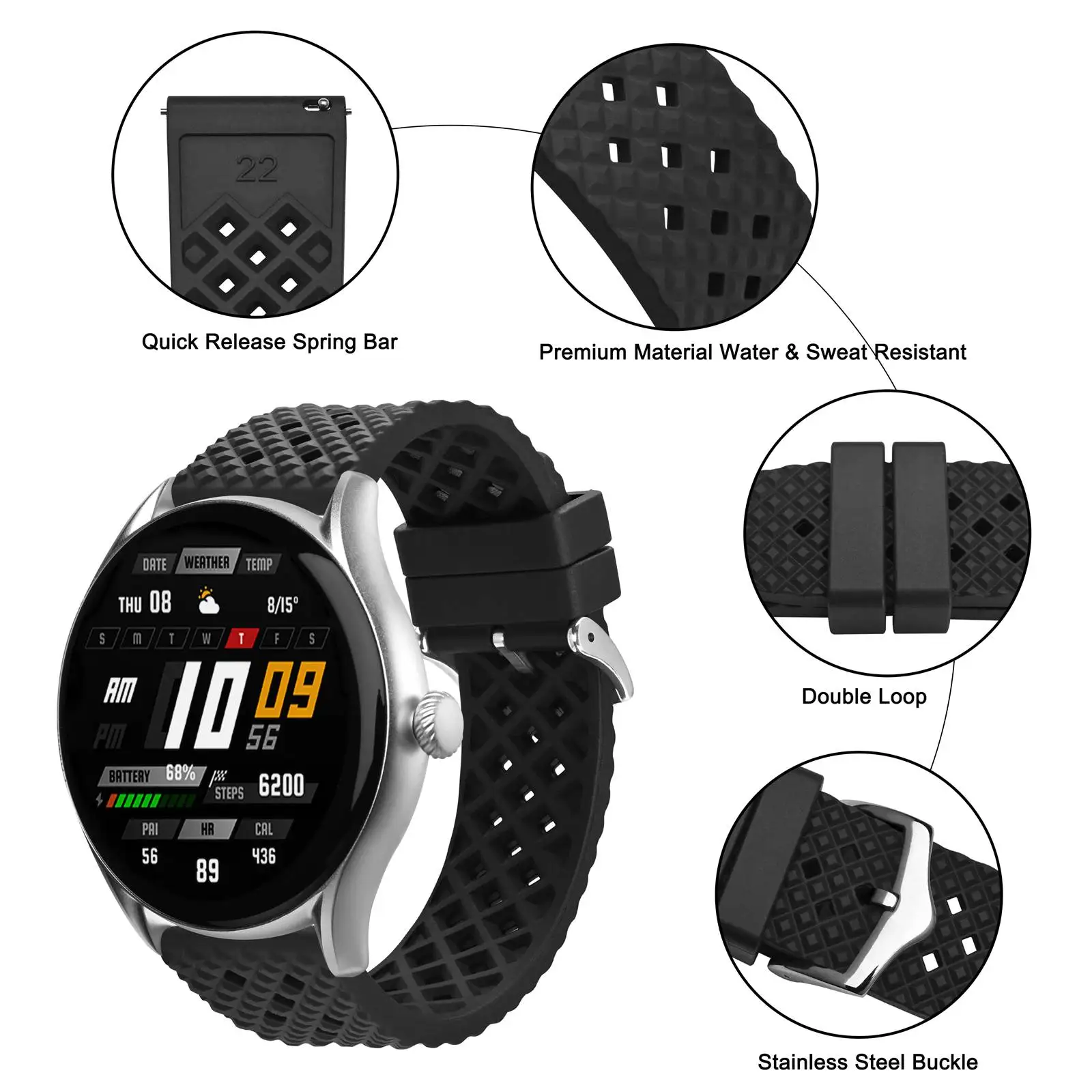 Pulseira de Relógio de Borracha 18 mm 20 mm 22 mm Anbeer Fluoro Banda à Prova Impermeável Água Liberação Rápida Substituição com Fivela Aço Inoxidável - Image 6