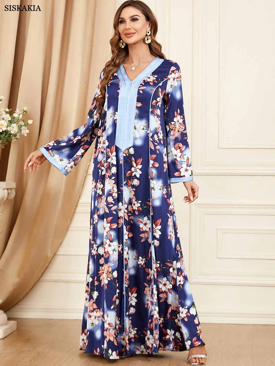 

Modest Muslim Moroccan Jalabiya Dubai Arab Ethnic Floral Long Dress Loose Casual Islamic Women Clothing Corban Eid al Adha 2023
