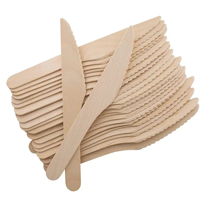 50/100Pcs Disposable Wooden Knives, 6.5-Inch Compostable Knives for Banquet Parties Camping Weddings Dessert cake Safety knife