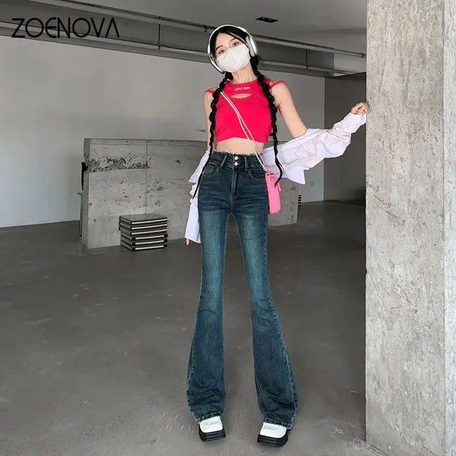 Pantalones Vaqueros Acampanados De Cintura Alta Para Mujer, Ropa De Calle  Ajustada Azul Y2k, Ropa De Calidad Vintage Harajuku Para Novio, 2022 -  Vaqueros - AliExpress