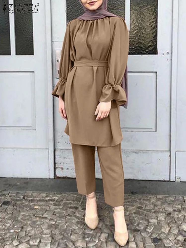 

ZANZEA Spring Women Muslim Solid Color Suit Fashion Casual Elastic Loose Baggy Pant Puff Sleeved Lace-Up O-Neck Belted Blouse