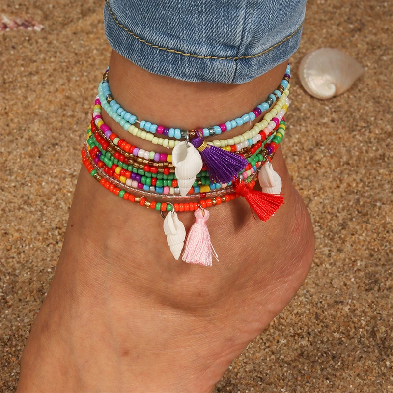 10 Teile/satz Mode Bunte Handgemachte Perlen Fußkettchen für Frauen Sommer Strand Muschel Fußkettchen Armband Kette Mädchen Urlaub Schmuck Geschenke – Detail 1