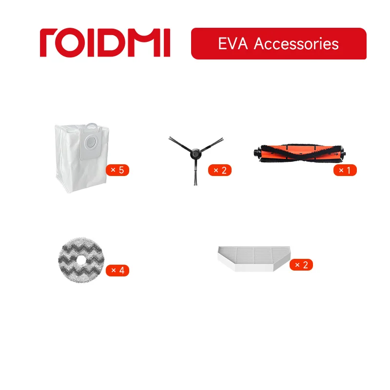 

Accessories for ROIDMI EVA Vacuum Cleaner, Dust Bag, Main Brush, Side Brush, HEPA Filter Element, Mop.