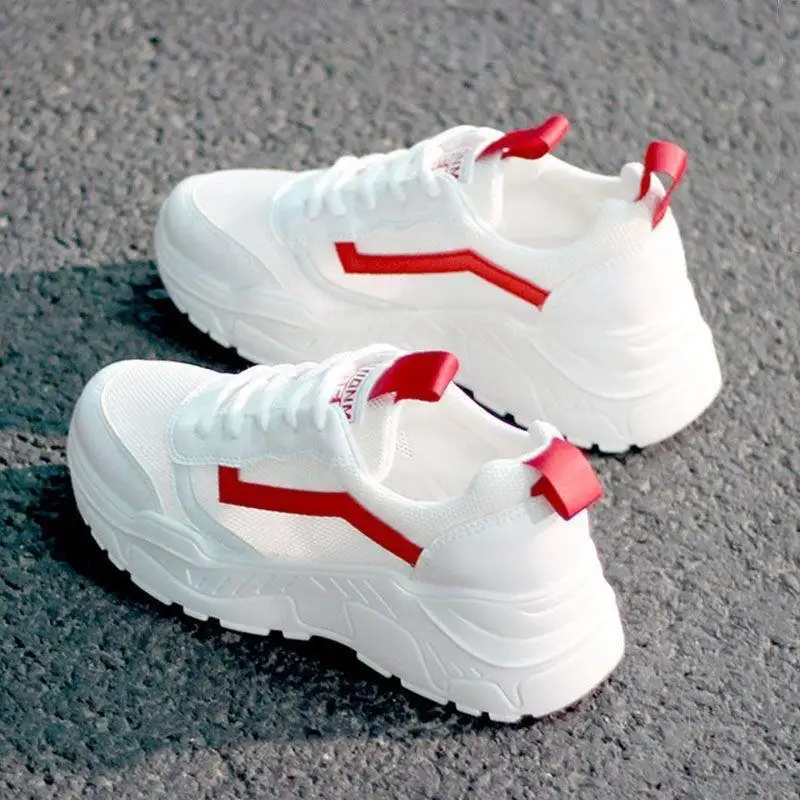 Casual Women Thick-soled Sneakers Spring Autumn Summer PU lace-up Vulcanized Shoes Mesh Rubber Non-slip Women Single Shoes