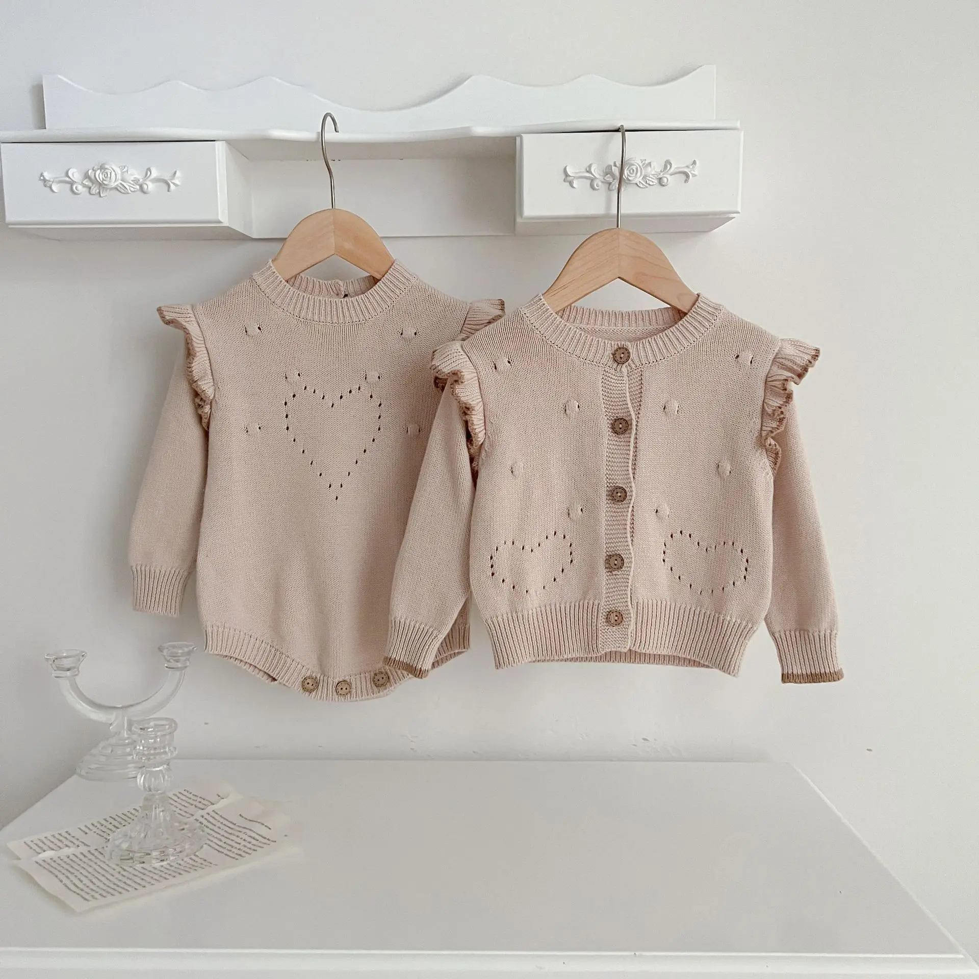 Herbst Baby Kint Anzüge Kleidung Baby Pullover Baby Mädchen gestrickte Strickjacke Stram pler Krabbel anzug zweiteilige Set gekräuselte Kleidung – Detail 2