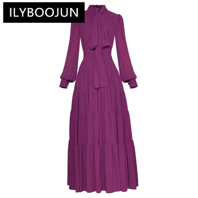 

MoaaYina Fashion Runway dress Spring Women's Dress Bow Collar Long Lantern Sleeve Purple Elegant Pleated Party Dresses