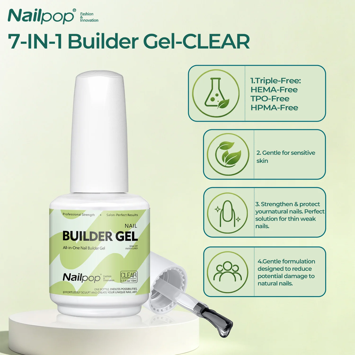 Nailpop 15ml Builder Gel: Enhanced Nail Strengthener & Extension Polish - Soak Off UV Gel Rhinestone Glue in 4 Vibrant Colors