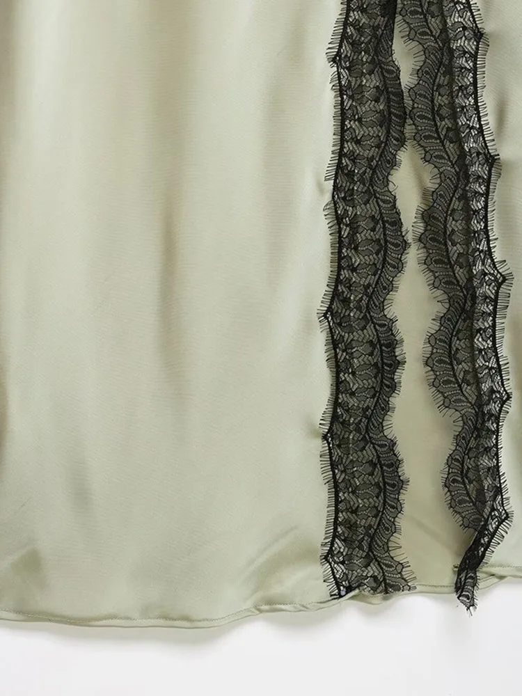 Spitzen-Patchwork-Kleid mit hohem Schlitz, langes Slip-Kleid für Damen, sexy Spaghettiträger, V-Ausschnitt, ärmellos, schmal geschnitten, Party- und Abendkleid, Frühlingskleid – Detail 7
