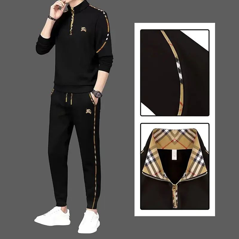 Autumn new men's casual suit stand-up collar half zipper war horse high-end trend simple pullover jacket top pants 3