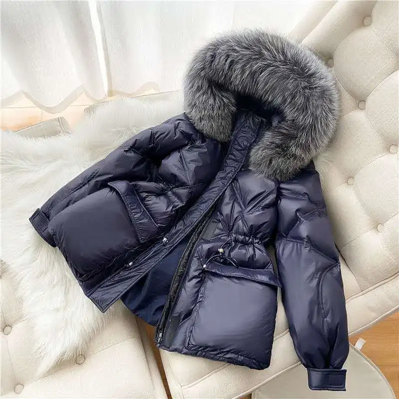 

2023 Winter New Short Padded Jacket Women's Black Shiny Hooded Big Fur Collar Lady Clothing Thickened Warm Coat