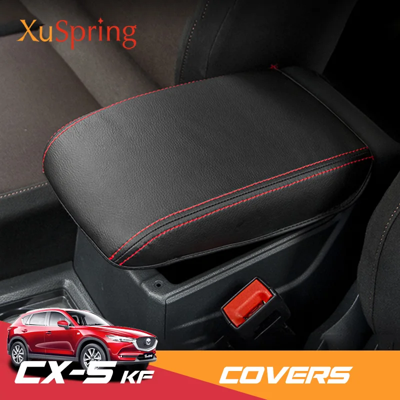 for Mazda CX-5/CX5 2017 2018 2019 2020 2021 Leather Center Console Cover Armrest Pad,Protector Armrest Box Cover Accessories Keep Your Armrest in a More Comfortable Feeling Black with red Stitches 