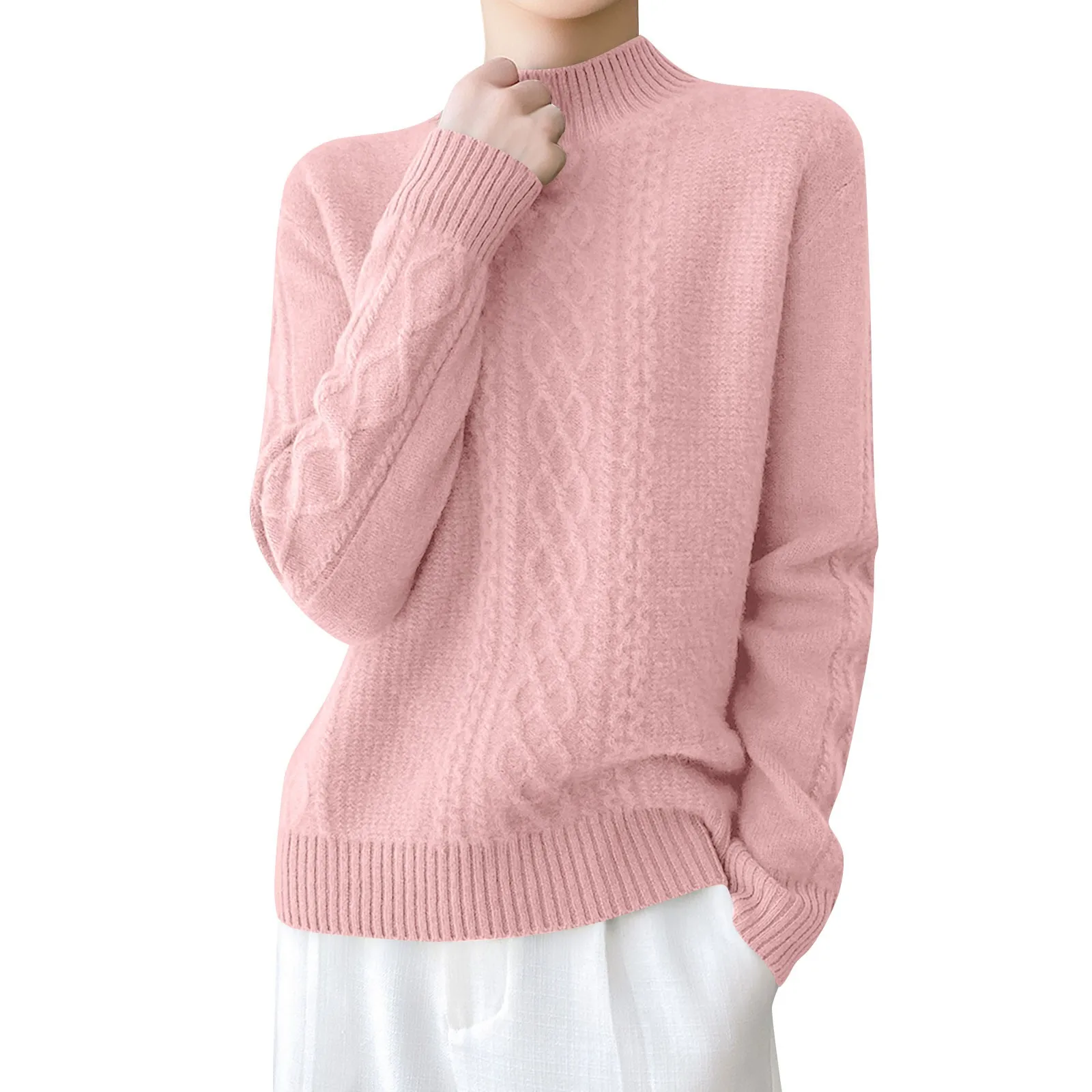 

Classic And Elegant Women's Long Sleeved Autumn/Winter Knitted Solid Casual Sweater Twisted Pattern Half High Collar Top