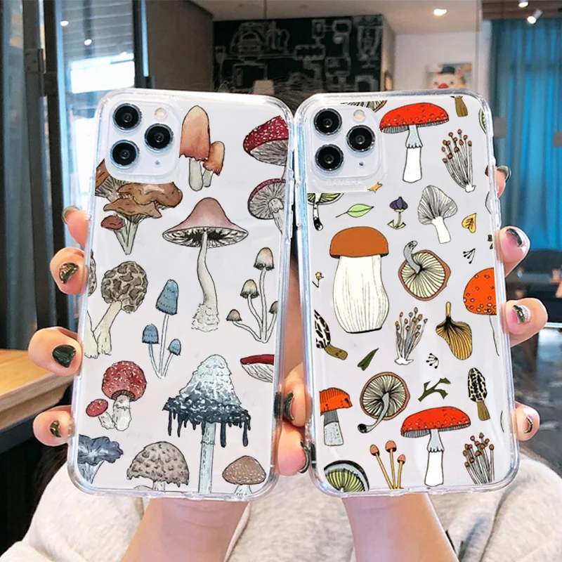 Klare Telefon hülle für iPhone 15 14 13 12 Pro Max 11 xs xr 8 plus kreative minimalist ische Graffiti-Linie Pilz Soft TPU Cover Coque