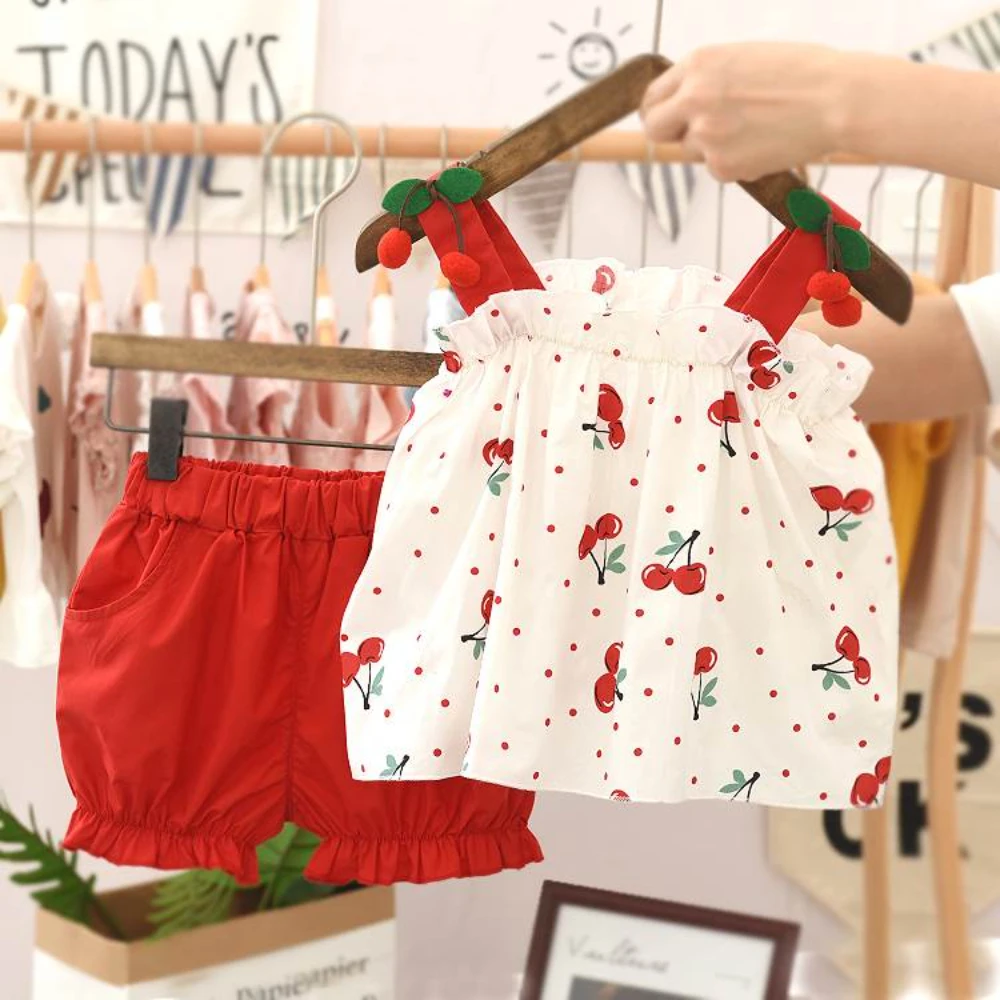 

Baby Girls Summer Suit 2022 New Children's Clothing Korean Style Cherry Suspenders Shorts Fashion Two-piece Suit