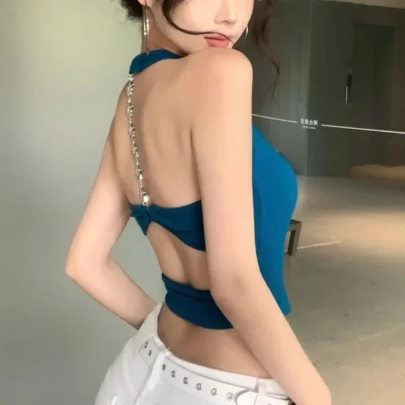 Sexy Hanging Neck Sexy Backless Tank Top Women Star Chain Chic Cutout Vest Jazz Dance Harajuku Y2K Cropped Top