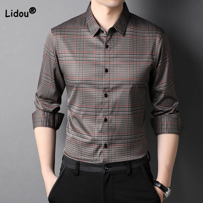 Autumn Winter Fashion Casual Plaid Long Sleeve Shirt Male Clothes 2023 Business Office Polo-Neck Single-breasted Shirts for Men