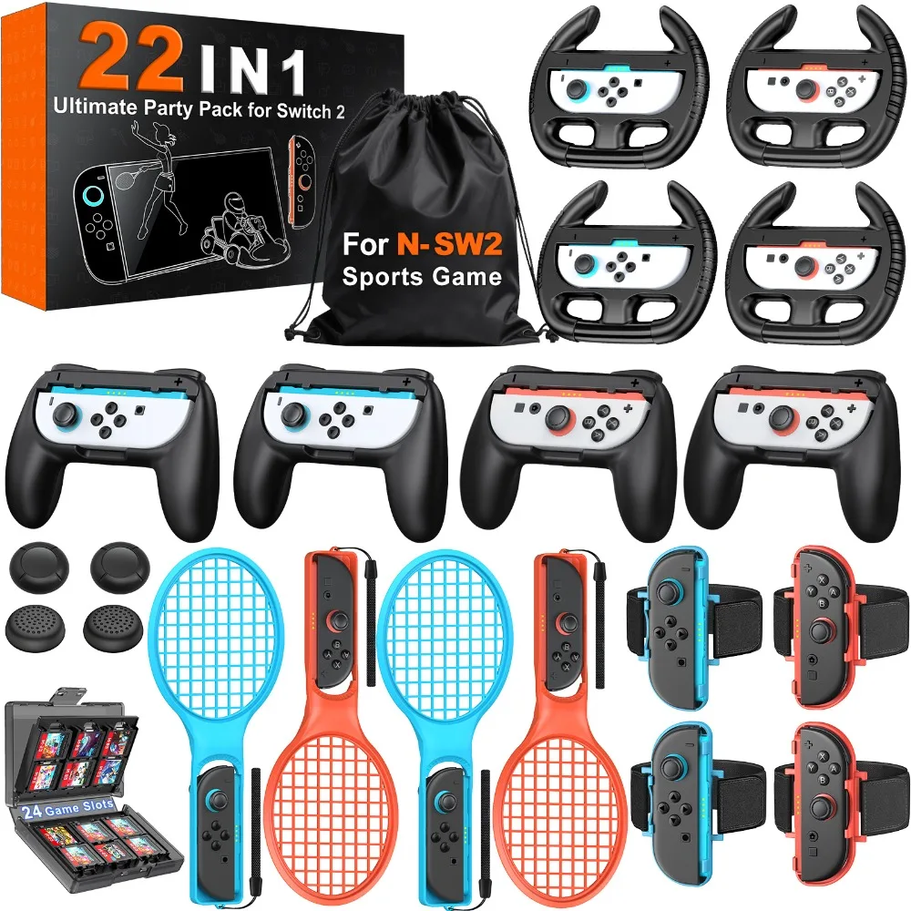 BEBONCOOL 22-in-1 Multi-Sport Accessory Set for Nintendo Switch 2 Golf Tennis Boxing Steering Wheel-Family Fun Home Workout