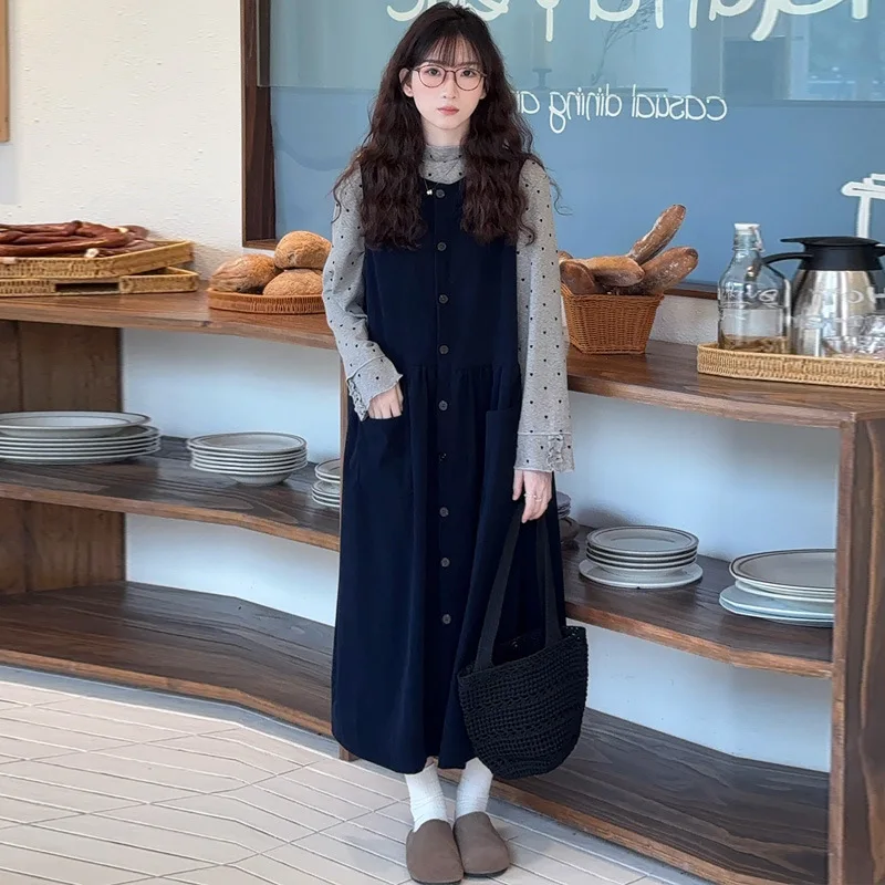 2026 봄 가을 레트로 엘레강스 코듀로이 베스트 드레스 (포켓 포함)와 폴카 도트 긴팔 베이스 탑 투피스 세트 (임산부복)