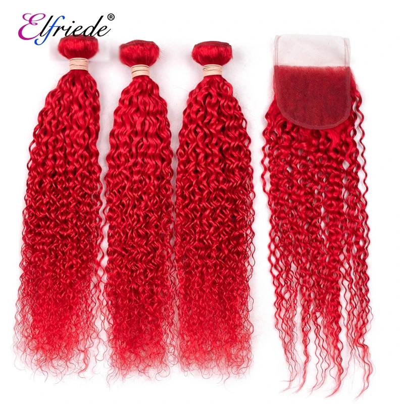 Elfriede, Precolored Red, курчавые, вьющиеся волосы, искусственные, с застежкой, 100% Реми, человеческие волосы, Пришивные в срезы, 3 дюйма, с кружевной застежкой, 4x4
