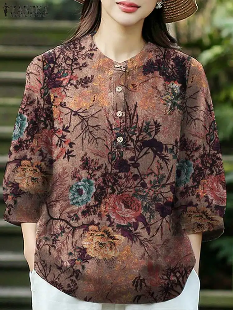 

Women Vintage Printed Blouse ZANZEA Bohemian Floral Shirts Causal Holiday Tops Elegant Work Blusas Party Tunic Chemise Oversize