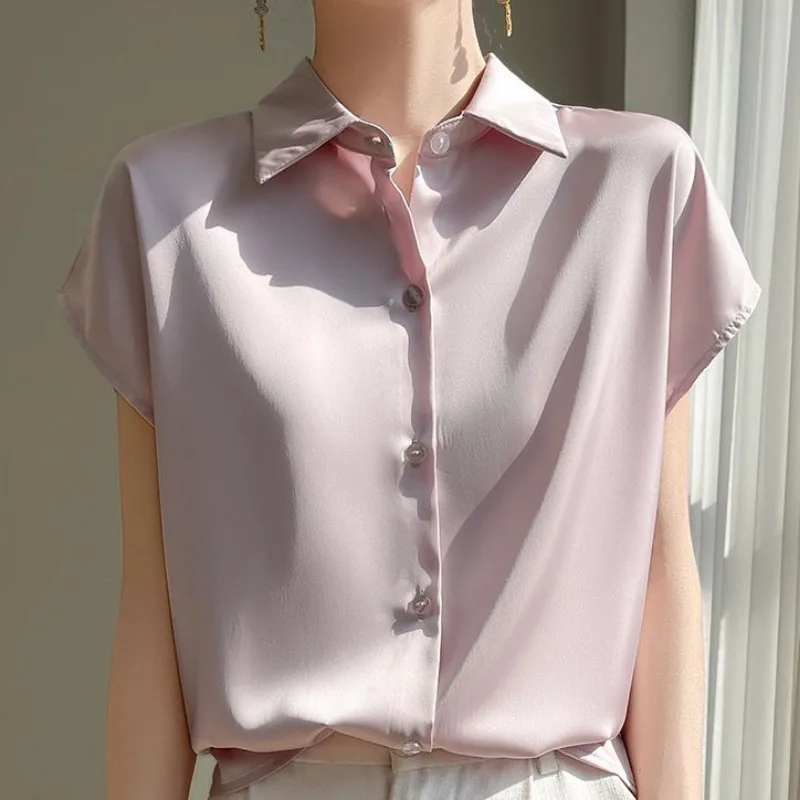 Brand Quality Silk Satin Shirts Women 2024 Summer Casual Oversize Losse Blouses Tops Office Lady Short Sleeves Shirt Blusas