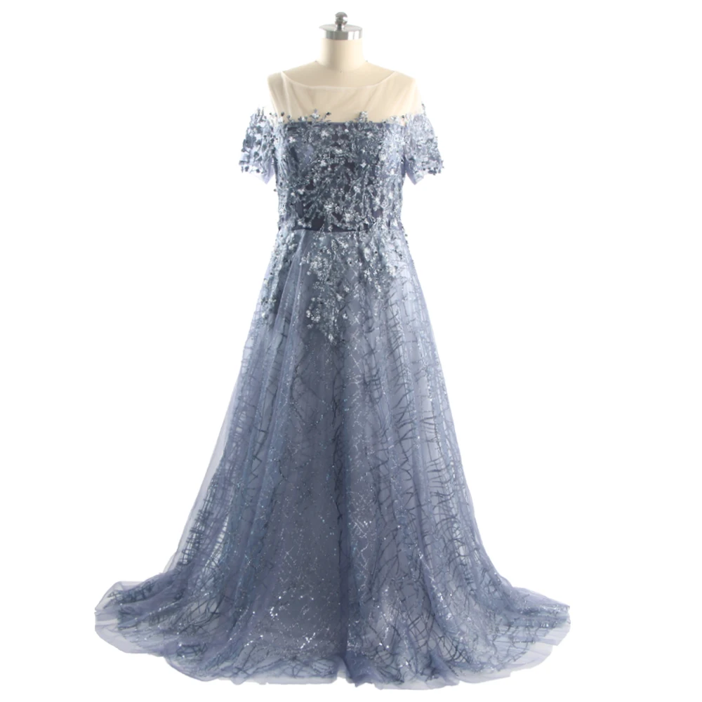 

Evening Dresses Haze Blue illusion O-neck Appliques Beading Short Sleeves Lace up Plus size Floor Length Women Party Dress B312