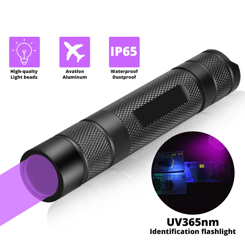 

365nm UV Flashlight Ultra Violets mini Ultraviolet Lanterna IP65 Waterproof Invisible Torch for Pet Stains Use 18650 EDC Light