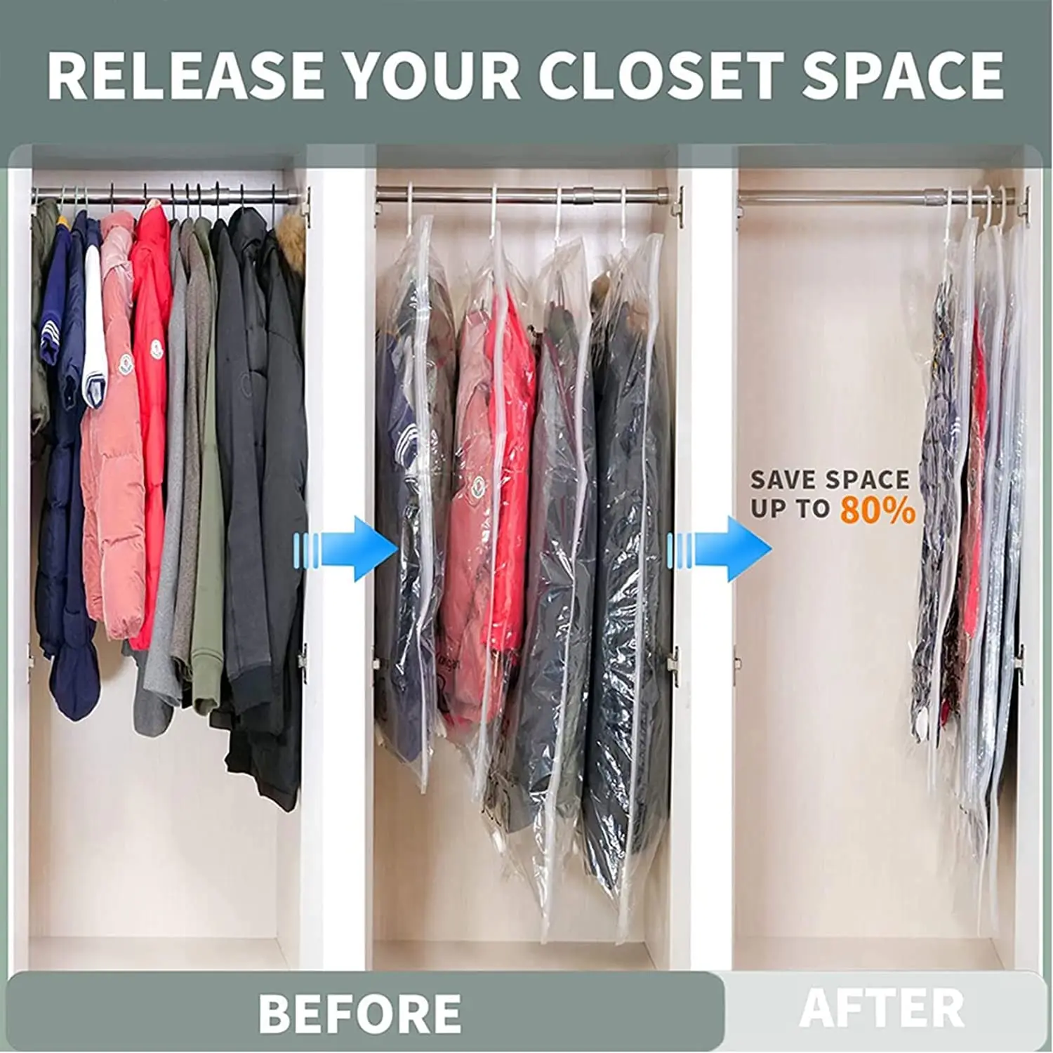 6 Pack Hanging Vacuum Storage Bag Reusable Space Saver Compressed Bag with Hangers for Clothing for Jacket, Suits, Dress, 2